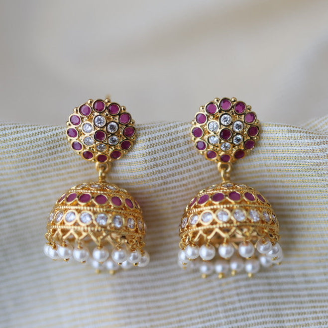 Heritage gold plated ruby white stone jumka earrings HJ1762