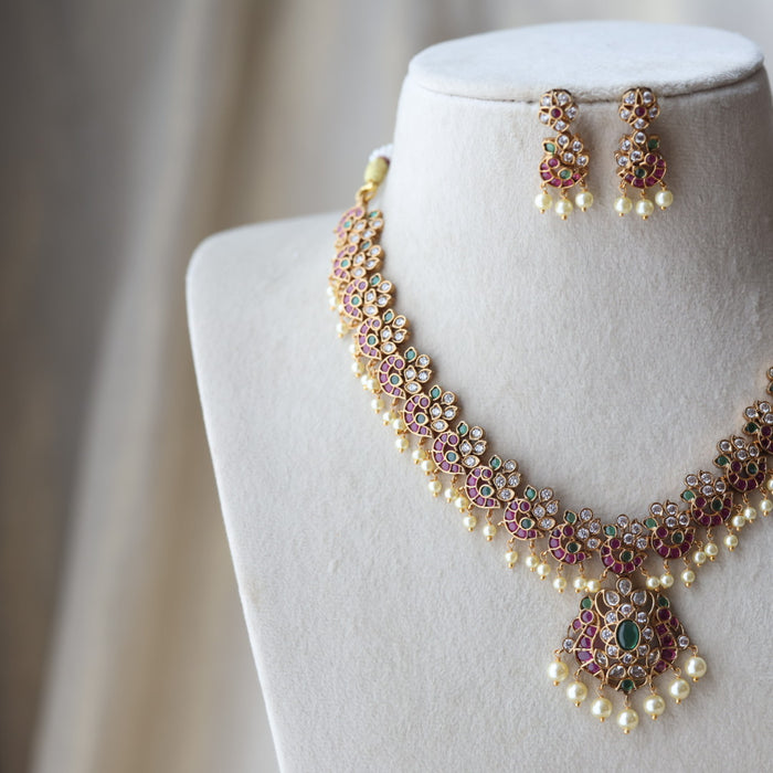 Antique ruby green and pearl short necklace with earrings SS118223