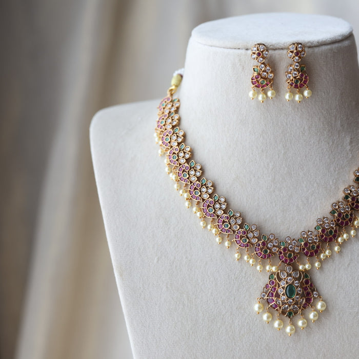 Antique ruby green and pearl short necklace with earrings SS118223