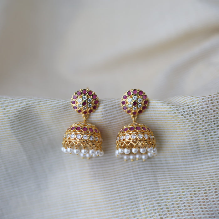 Heritage gold plated ruby white stone jumka earrings HJ1762