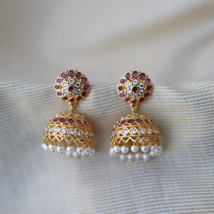 Heritage gold plated ruby white stone jumka earrings HJ1762