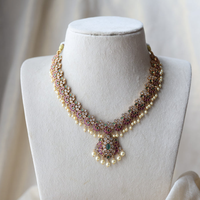 Antique ruby green and pearl short necklace with earrings SS118223