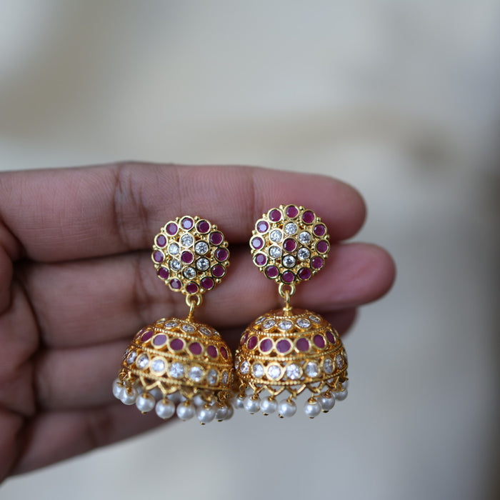 Heritage gold plated ruby white stone jumka earrings HJ1762