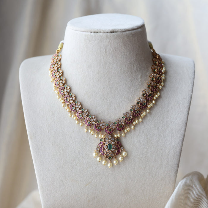 Antique ruby green and pearl short necklace with earrings SS118223