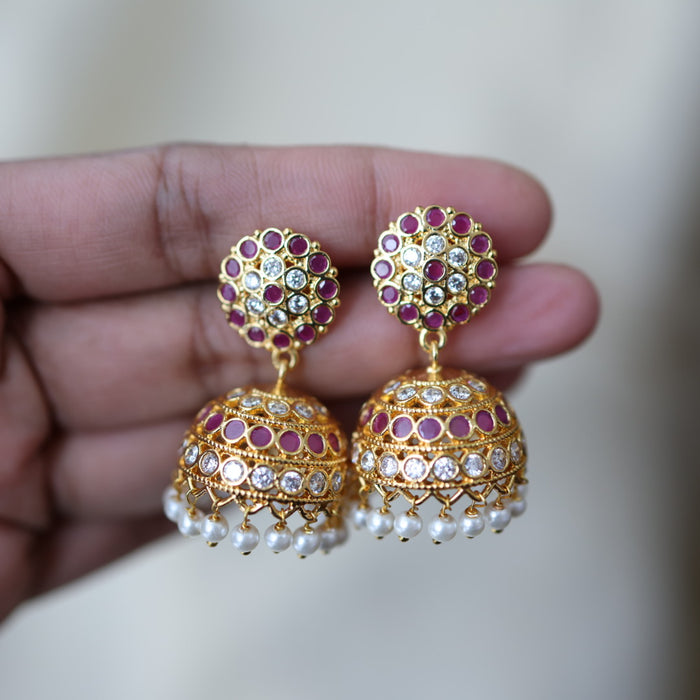 Heritage gold plated ruby white stone jumka earrings HJ1762