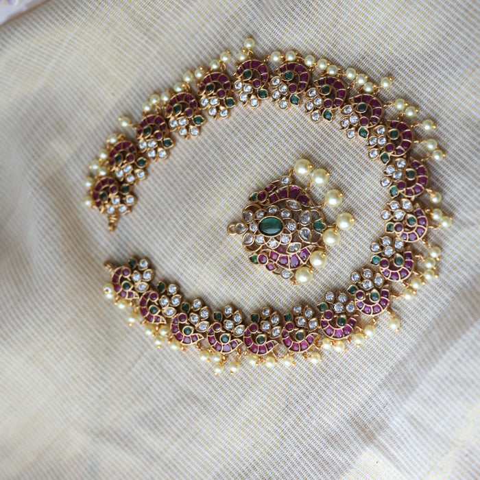 Antique ruby green and pearl short necklace with earrings SS118223