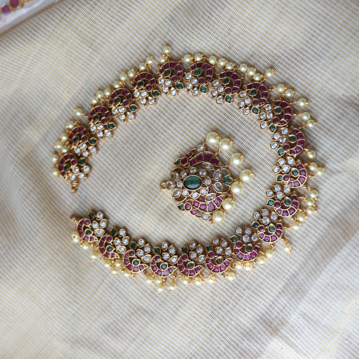 Antique ruby green and pearl short necklace with earrings SS118223