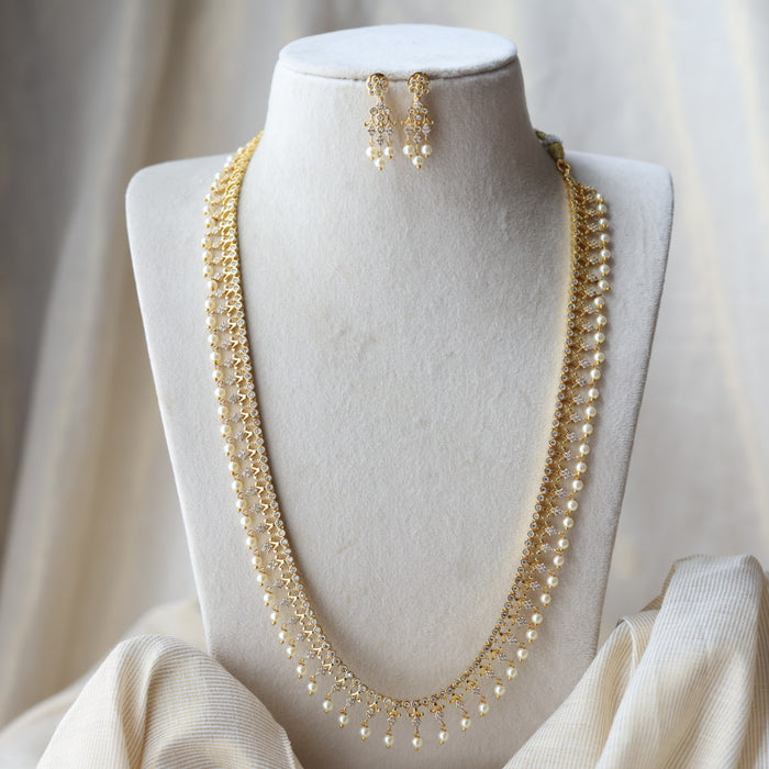 Heritage gold plated white stone long necklace with earrings HL992