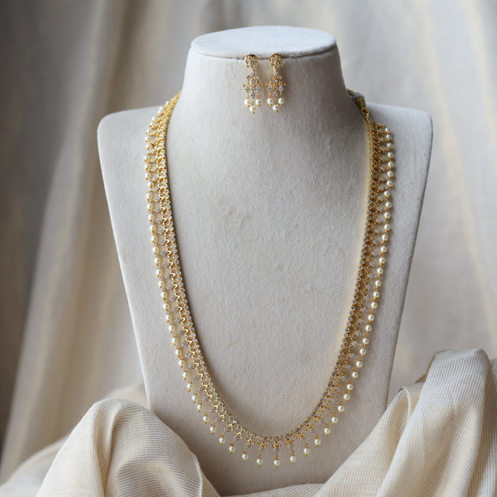 Heritage gold plated white stone long necklace with earrings HL992