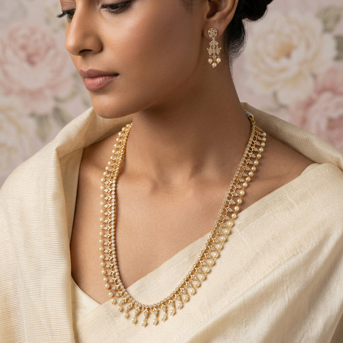 Heritage gold plated white stone long necklace with earrings HL992
