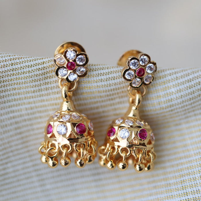 Heritage gold plated ruby white stone jumka earrings HJ1786