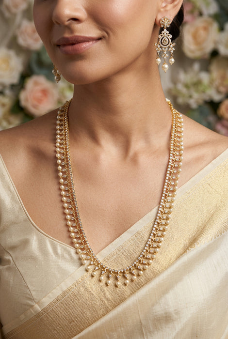 Heritage gold plated white stone long necklace with earrings HL992