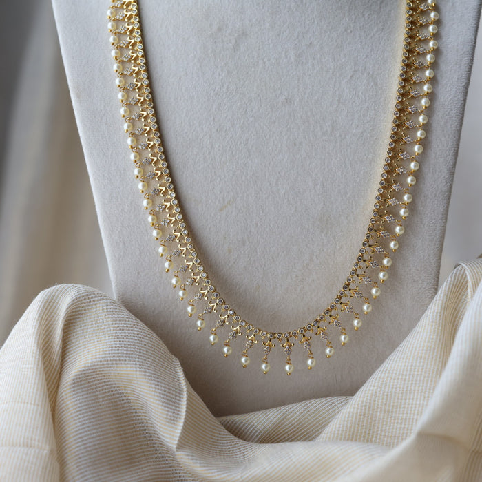 Heritage gold plated white stone long necklace with earrings HL992