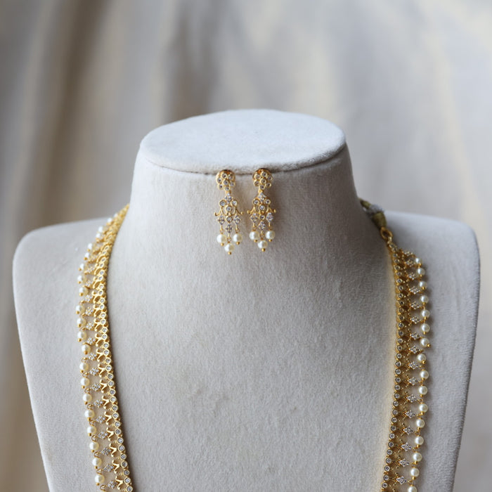Heritage gold plated white stone long necklace with earrings HL992