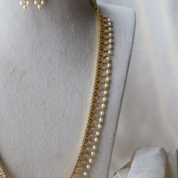 Heritage gold plated white stone long necklace with earrings HL992