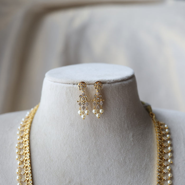 Heritage gold plated white stone long necklace with earrings HL992