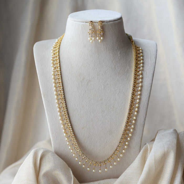 Heritage gold plated white stone long necklace with earrings HL992