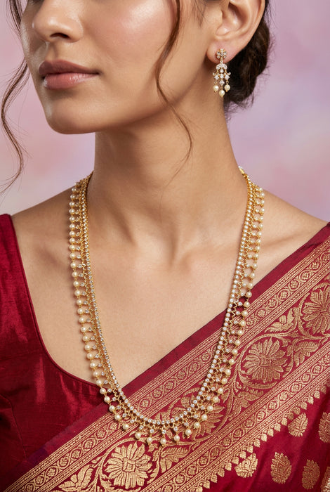 Heritage gold plated white stone long necklace with earrings HL992