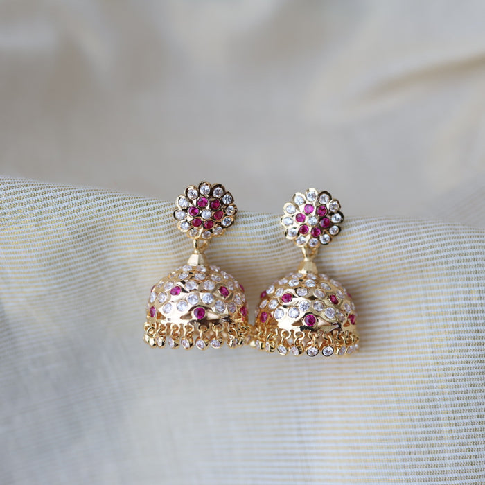 Heritage gold plated ruby white stone jumka earrings HJ17811