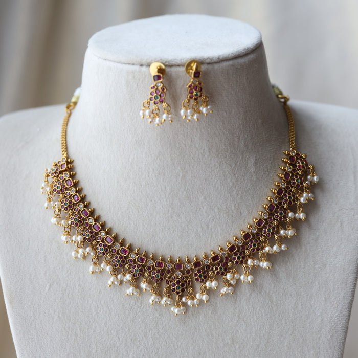 Antique ruby green and pearl short necklace with earrings SS11889