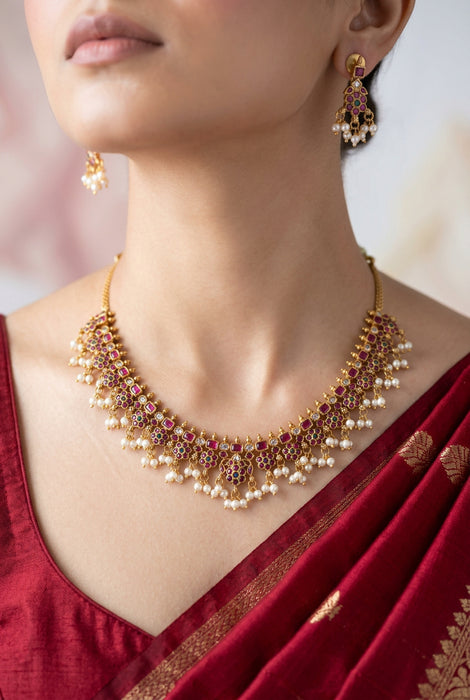 Antique ruby green and pearl short necklace with earrings SS11889