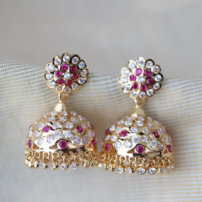 Heritage gold plated ruby white stone jumka earrings HJ17811