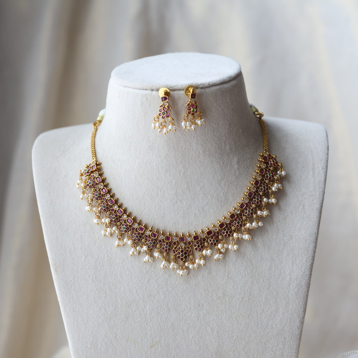 Antique ruby green and pearl short necklace with earrings SS11889