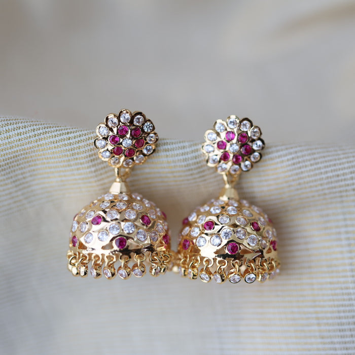 Heritage gold plated ruby white stone jumka earrings HJ17811