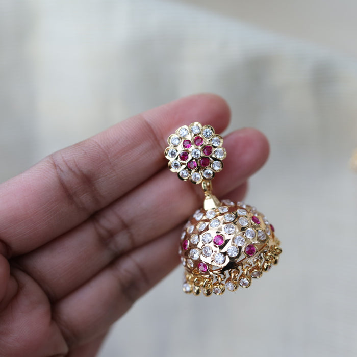 Heritage gold plated ruby white stone jumka earrings HJ17811