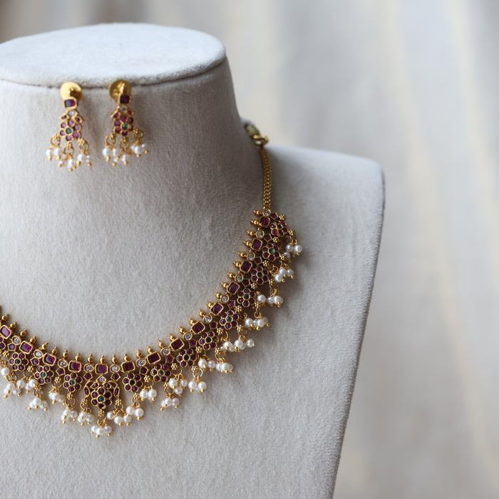Antique ruby green and pearl short necklace with earrings SS11889