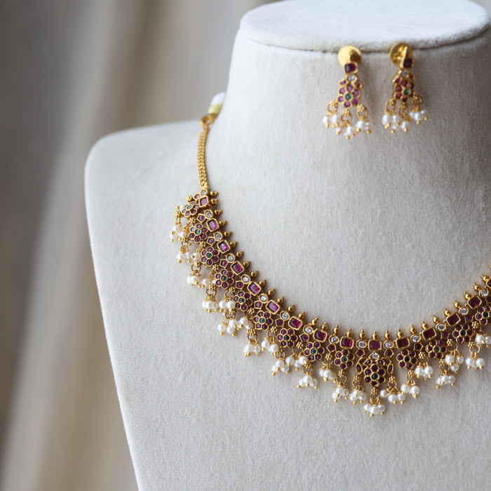 Antique ruby green and pearl short necklace with earrings SS11889