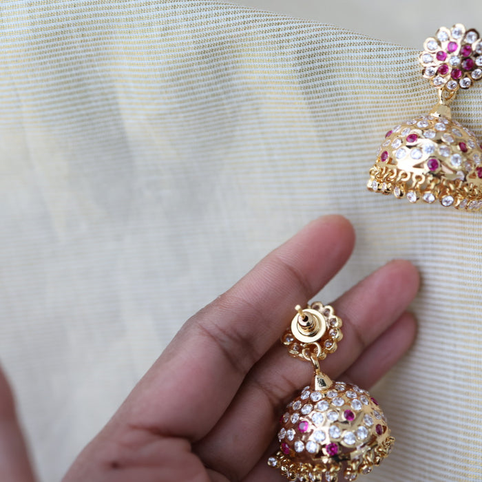 Heritage gold plated ruby white stone jumka earrings HJ17811