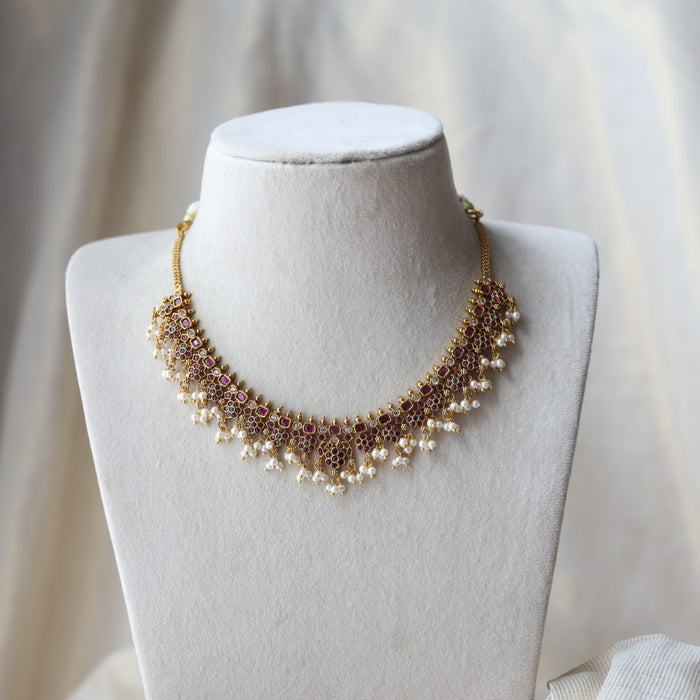 Antique ruby green and pearl short necklace with earrings SS11889