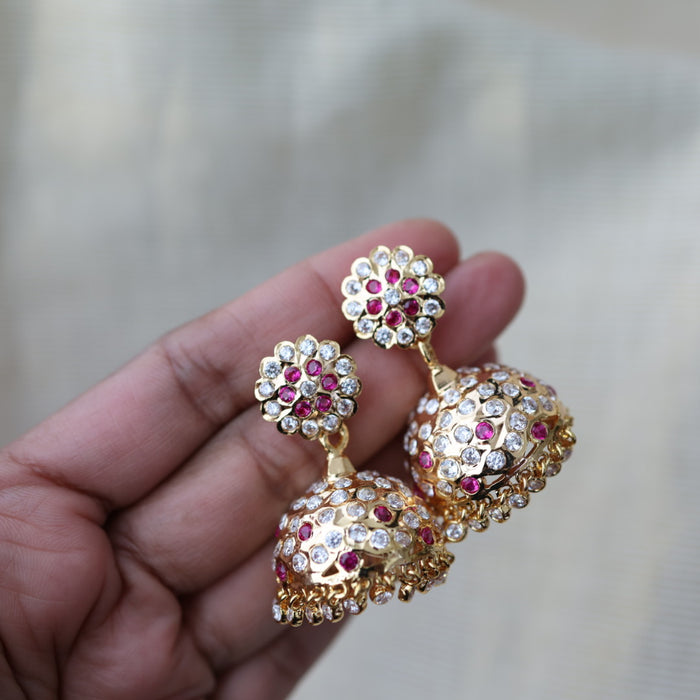 Heritage gold plated ruby white stone jumka earrings HJ17811