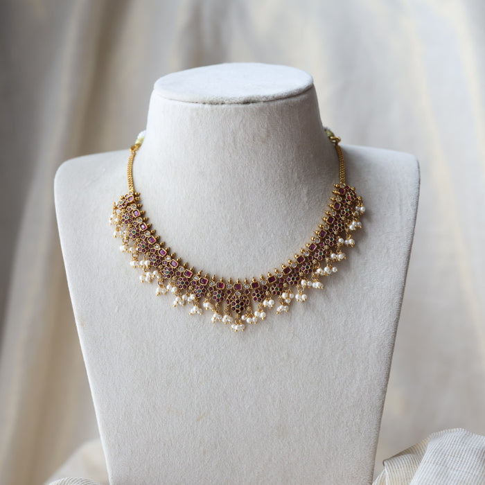 Antique ruby green and pearl short necklace with earrings SS11889