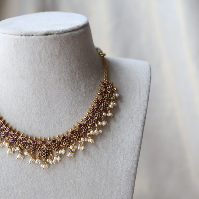 Antique ruby green and pearl short necklace with earrings SS11889