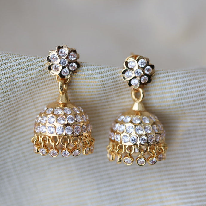 Heritage gold plated white stone jumka earrings HJ1769