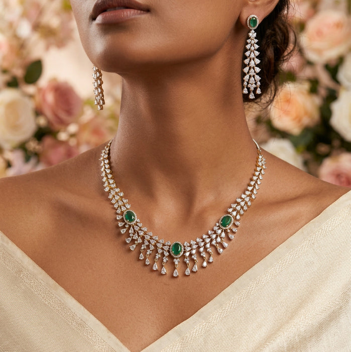 Heritage gold plated green white stone short necklace with earrings H80303