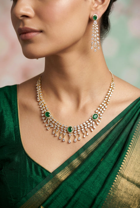 Heritage gold plated green white stone short necklace with earrings H80303