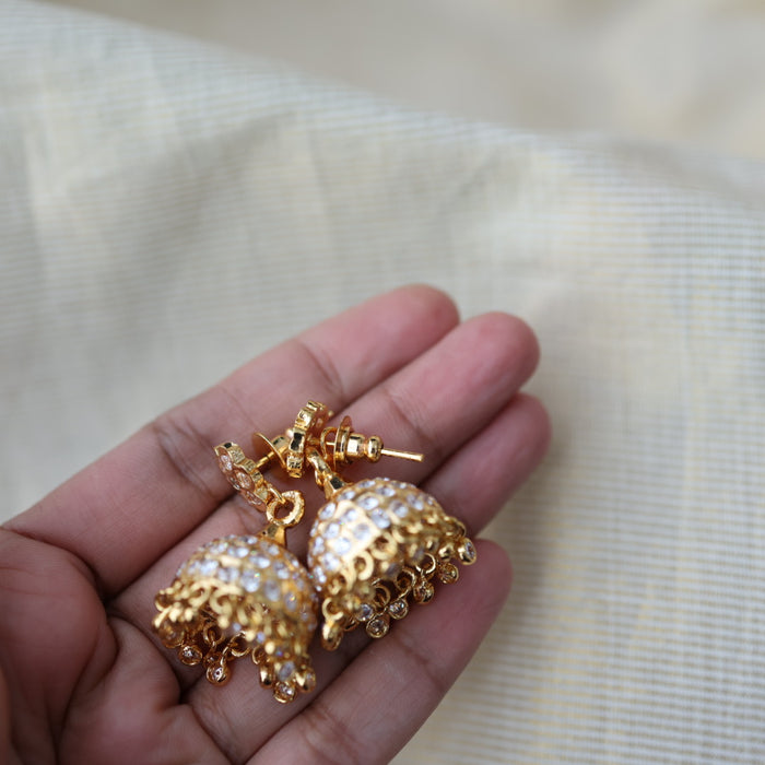 Heritage gold plated white stone jumka earrings HJ1769