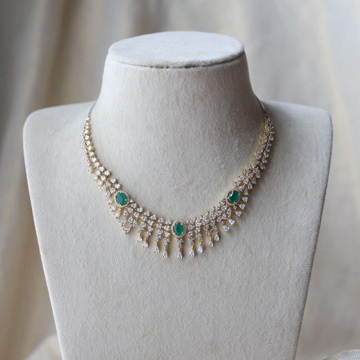 Heritage gold plated green white stone short necklace with earrings H80303