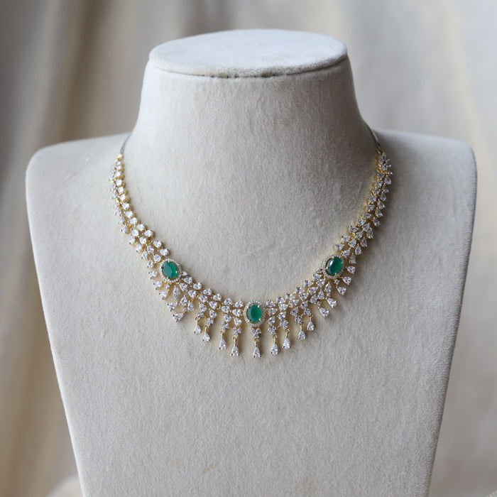 Heritage gold plated green white stone short necklace with earrings H80303