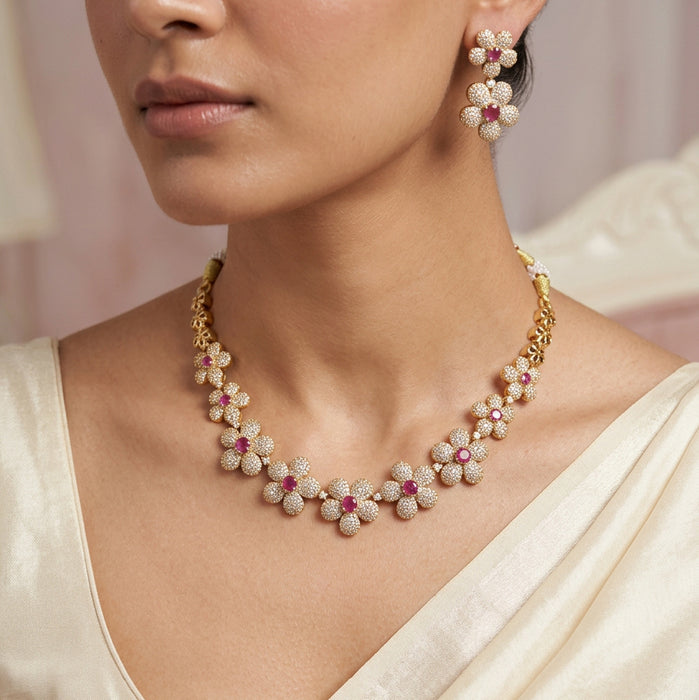 Antique ruby white stone short necklace with earrings SS118223