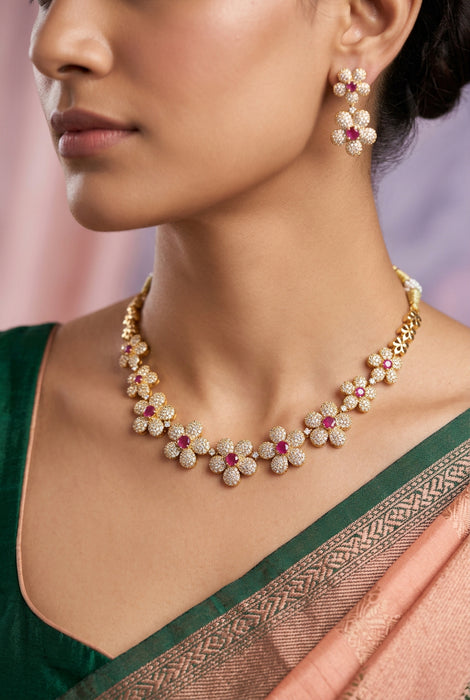 Antique ruby white stone short necklace with earrings SS118223