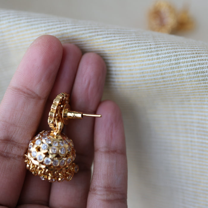 Heritage gold plated white stone jumka earrings HJ1753