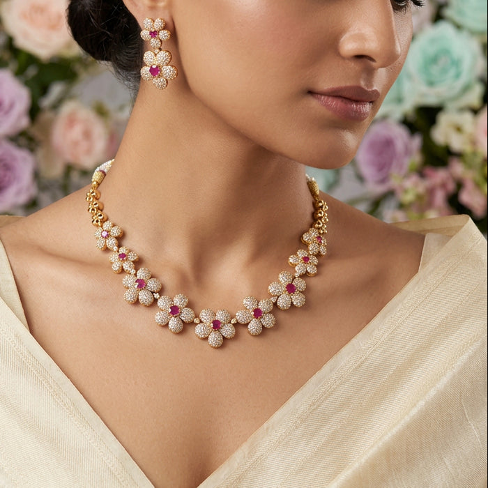 Antique ruby white stone short necklace with earrings SS118223