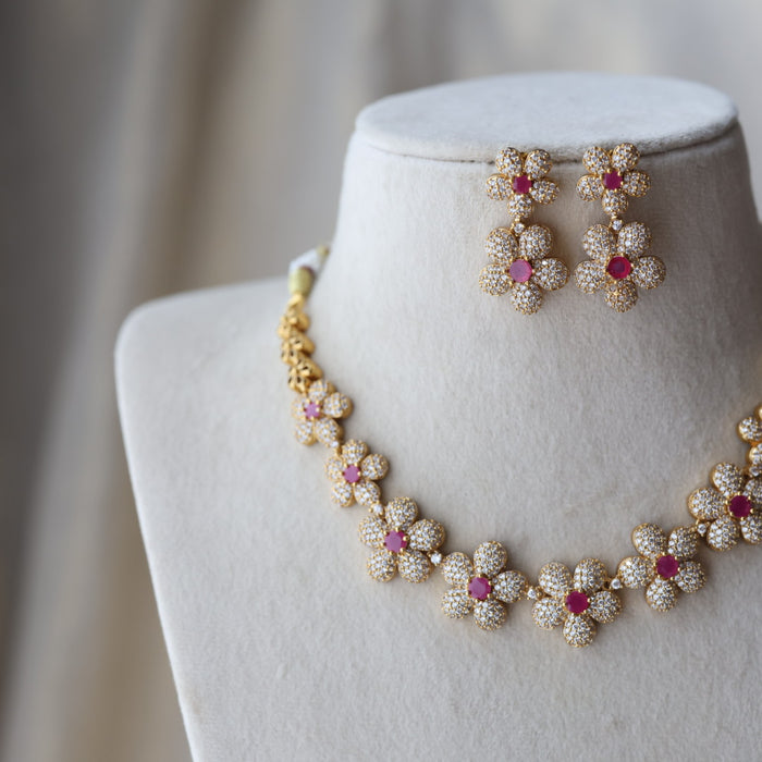 Antique ruby white stone short necklace with earrings SS118223