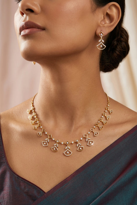 Heritage gold plated white stone short necklace with earrings H9222