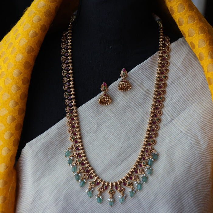 Antique ruby stone green bead long necklace and earrings LL03765