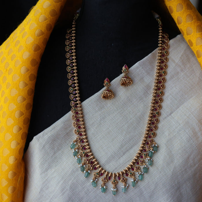 Antique ruby stone green bead long necklace and earrings LL03765